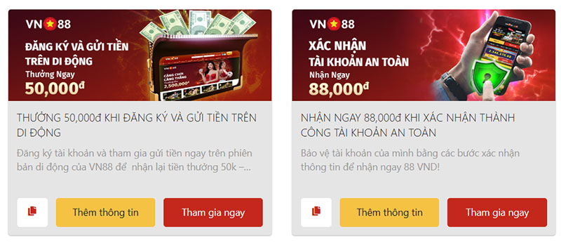 Vn88 Thưởng 50,000đ khi đăng ký và gửi tiền trên di động